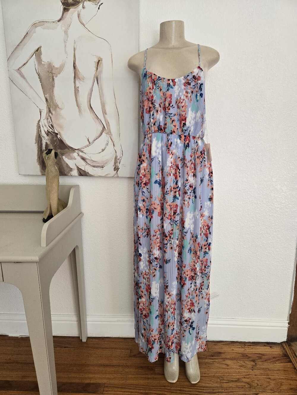 NWT Forever 21 Floral Pleated Maxi Skirt - Light Blue Floral Size Small